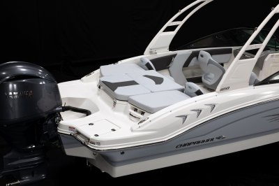 Chaparral 21 SSi OB Ski & Fish cushioned aft sunpad with removable cushions. 