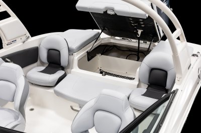 Chaparral 21 SSi OB Ski & Fish insulated cooler and five storage compartments underneath aft seating. 