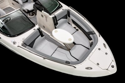 Chaparral 26 SURF bow table mounted on metal hardware with 2 cupholders built in. 