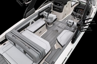 Chaparral 26 SURF cockpit seating layout with 3 bench seats and swiveling bucket seats. 