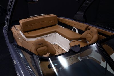 Chaparral GTS 6 cockpit seating layout with 3 bench seats and swiveling bucket seats. 
