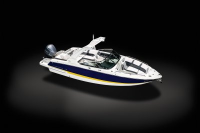 Chaparral 270 OSX overhead front starboard view on a black background. 